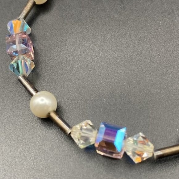 Vtg  Bracelet Sterling Silver Crystal Clear AB Pink Cube Bicone Faux Pearl  7" - Picture 4 of 8